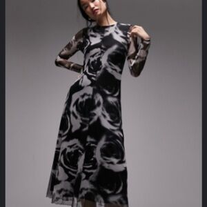 Topshop Long Sleeve Mesh Midi Dress